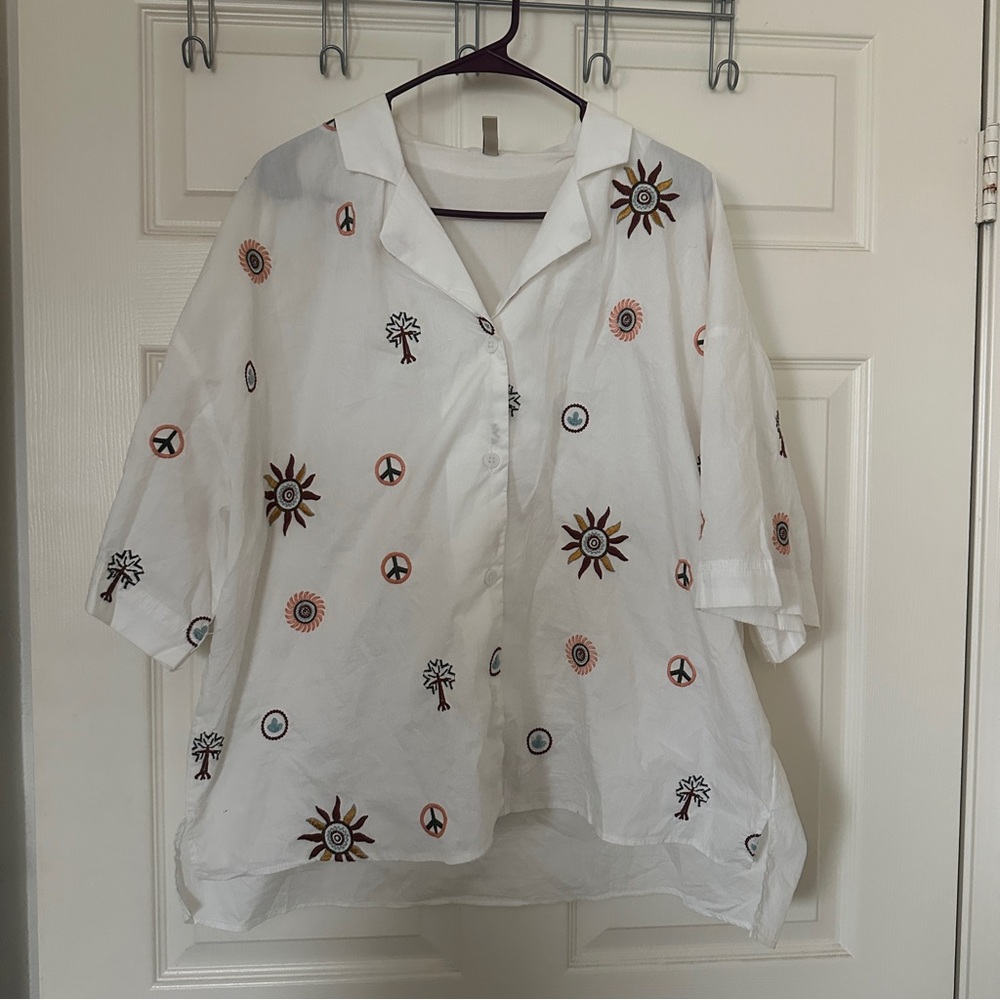 Boho Chic White Button Down Shirt With Embroidery - image 1